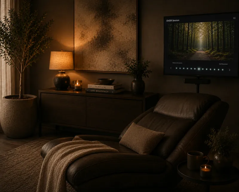 EMDR therapy room with recliner and bilateral stimulation screen at Your Room Wellness