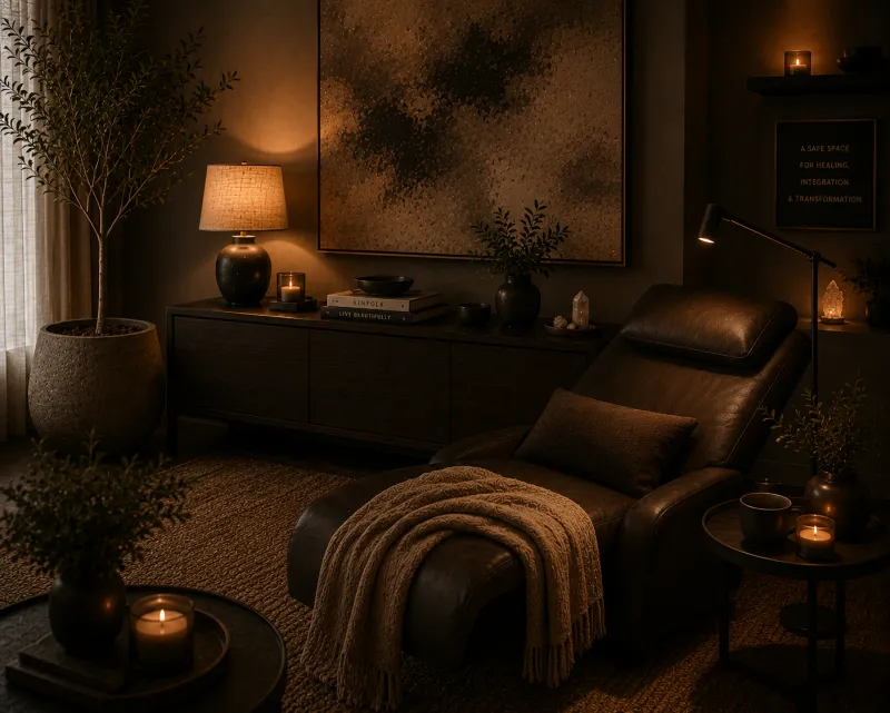 Ketamine-assisted therapy room with recliner and calming decor at Your Room Wellness