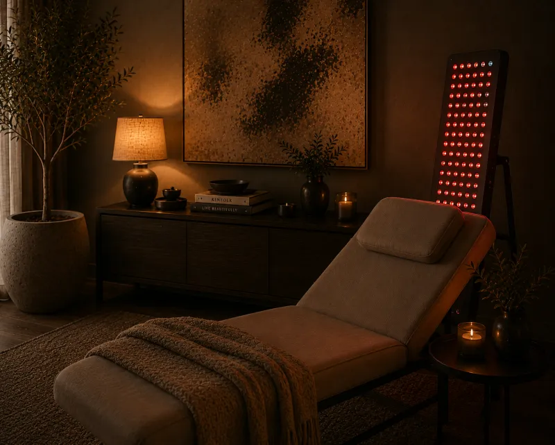 Red-light therapy panel beside recliner at Your Room Wellness