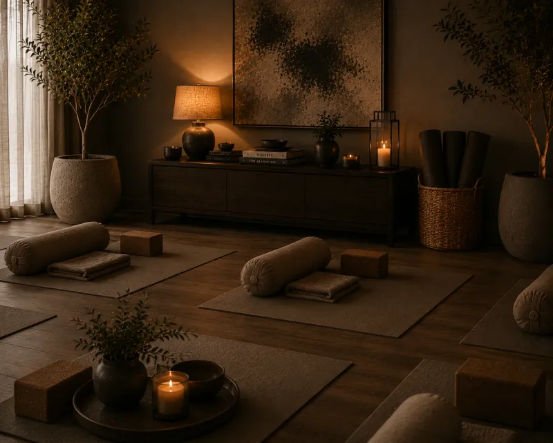 Trauma-informed yoga studio with mats and bolsters at Your Room Wellness